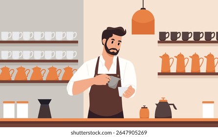 Barista Trabalhando na Cafeteria, Preparando o Café. Pessoa Trabalha, Cozinhar na Cafeteria. Ilustração de vetor plano.