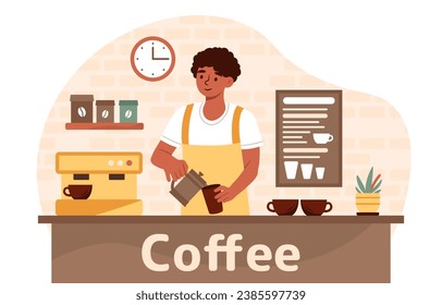 Barista at workplace concept. Man in uniform make hot drinks. Staff in coffee shop and catering. Aroma and beverage. Latte and americano. Cartoon flat vector illustration isolated on white background