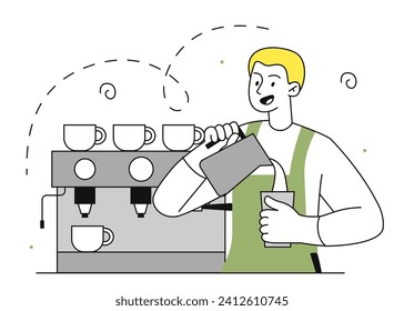 Barista at workplace linear. Man with coffe apparatus and cup in hands. Bartender and employee with hot drinks. Cappuccino and latte. Line flat vector illustration isolated on white background
