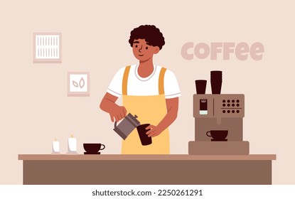 Barista en el lugar de trabajo. Hombre sentado con café o té, bebida caliente. Empleado o propietario de un pequeño y agradable negocio prepara capuchino o mochachino. Cafetería o restaurante. Dibujo vectorial plano de dibujos animados