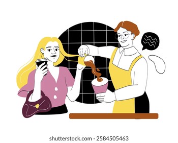 A barista in a yellow apron pours coffee for a smiling customer holding a cup. The modern, stylish background features black tiles. The scene conveys warmth and hospitality