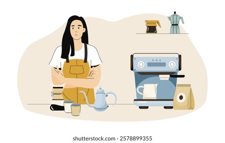 Barista in a yellow apron standing with arms crossed behind a coffee shop counter featuring a professional coffee machine, takeaway cups, and brewing equipment