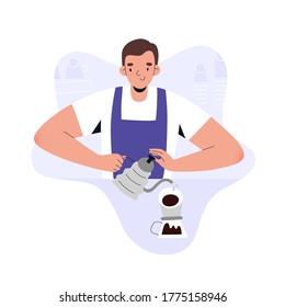 Barista young man making pour over coffee in coffee shop, flat vector illustration, cartoon character waiter wearing apron, preparing hot coffee espresso coffee drink