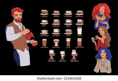 Barista and young women with a cup of coffee. Set of people and different coffee beverage. Flat style coffee potables, girls and man  isolated on black. Vector illustration.