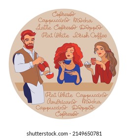 Barista and young women with a cup of coffee. Vector.