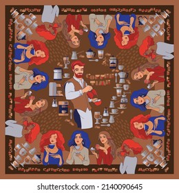 Barista and young women with cups. Scarf pattern design. Vector.