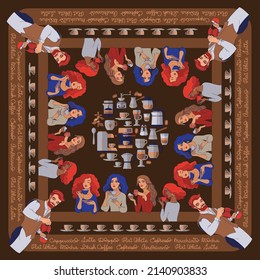 Barista and young women with cups. Scarf pattern design. Vector.