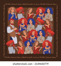 Barista and young women with cups. Scarf pattern design. Vector.
