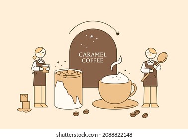 Baristas in aprons are making big coffee. coffee banner. outline simple vector illustration.