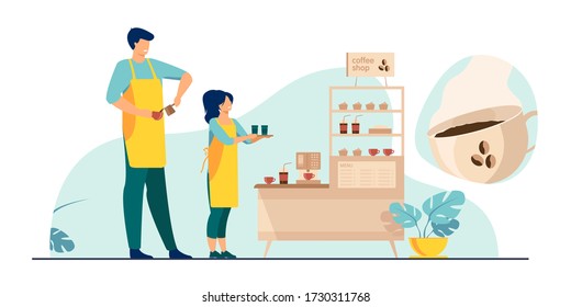 Baristas in coffee shop. Man and woman in aprons making coffee, offering takeaway cup at stand with machine and dessert. Vector illustration for coffee station, food and drink, cafe concept