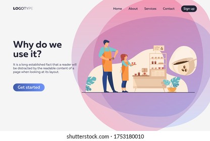 Baristas in coffee shop. Man and woman in aprons making coffee, offering takeaway cup at stand with machine and dessert. Vector illustration for coffee station, food and drink, cafe concept