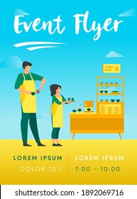 Baristas in coffee shop. Man and woman in aprons making coffee, offering takeaway cup at stand with machine and dessert. Vector illustration for coffee station, food and drink, cafe concept