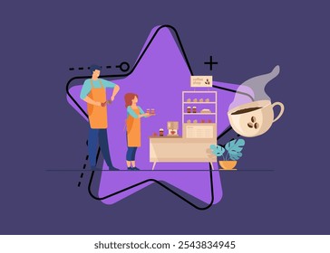 Baristas en la cafetería. Hombre y mujer en delantales haciendo café, ofreciendo taza para llevar en el soporte con la máquina y el postre. Ilustración vectorial para la estación de café, comida y bebida, concepto de café