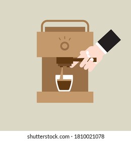 La mano de Barista está haciendo café con una ilustración de un vector de máquina de café.