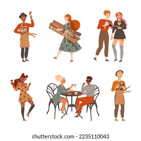 Baristas making coffee, people sitting in cafe, drinking cappuccino, latte, espresso set vector illustration