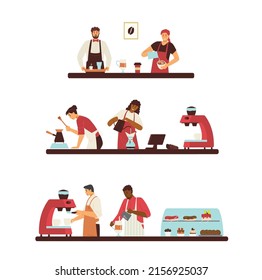 Baristas making machine and turkish coffee in coffeehouse, flat vector illustration isolated on white background. Set of scenes with male and female cafe workers preparing drinks and selling desserts.