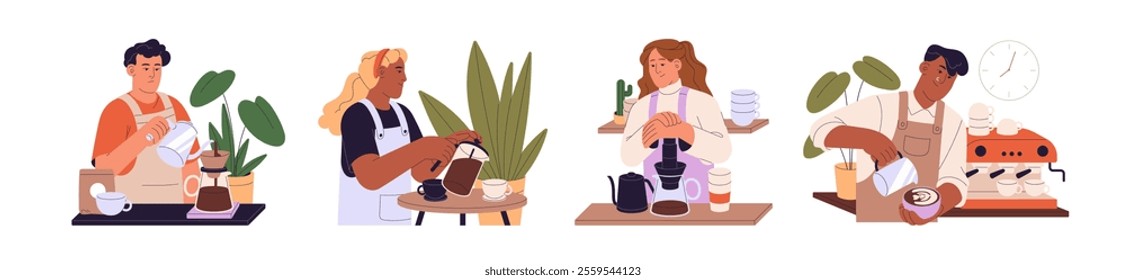 Baristas set. Coffee shop workers preparing cappuccino, filter, espresso, milk drinks. People pour beverage in cup, making latte art in cafe. Flat isolated vector illustrations on white background