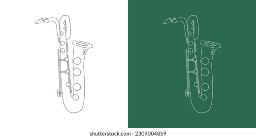 Baritone saxophone line drawing cartoon style. Brass instrument baritone saxophone clipart drawing in linear style isolated on white and chalkboard background. Musical instrument clipart concept