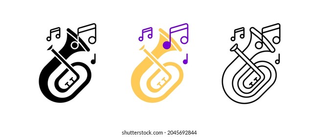 Baritone tuba and musical notes icon set. Entertainment and music icon. Art vector illustration set. Editable row set. Silhouette, colored, linear icon set.