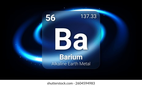 Barium (Ba) (055) Alkaline Earth Metal, Glass Morphism Element Futuristic Neon Light Glow Background Periodic Table, Chemical Symbol, Name, Atomic Mass, Atomic Number, Vector Illustration