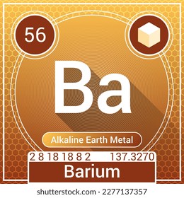 Elemento Barium (Ba) - Metal terrestre alcalino - Tabla periódica, símbolo químico, nombre, peso atómico, número atómico, conchas eléctricas, clasificación, fase en STP - Diseño de iconos con logotipo de química