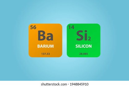 Barium Disilicide BaSi2 molecule. Simple molecular formula consisting of Barium, Silicon,  elements. Chemical compound simplified structure on blue background, for chemistry education
