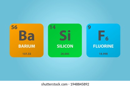 Barium Hexafluorosilicate BaSiF6 molecule. Simple molecular formula consisting of Barium, Silicon, Fluorine elements. Chemical compound simplified structure on blue background, for chemistry education
