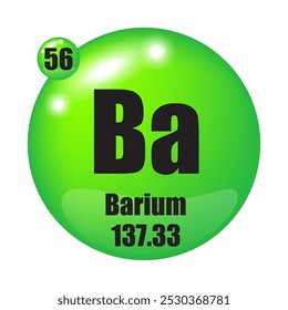 Barium icon. Ba chemical element. Atomic number 56. Mass 137.33. Green sphere image. Vector symbol.