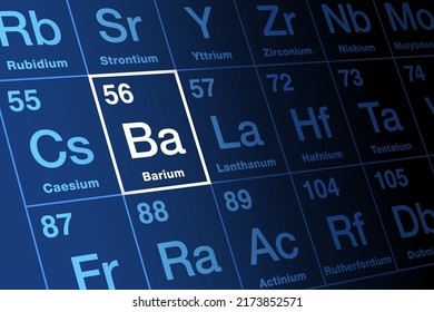 Barium, on periodic table of the elements. Alkaline earth metal, with symbol Ba, and atomic number 56. Barium sulfate is used as X-ray radiocontrast agent for imaging the human gastrointestinal tract.