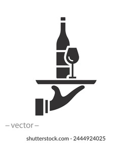 barkeeper hand with wine bottle icon, barman, sommelier expert or waiter, flat symbol on white background - vector illustration