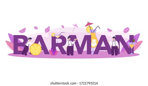 Barkeeper typographic header concept. Barman preparing alcoholic drinks with shaker at bar set. Bartender standing at bar counter, mixing cocktail. Isolated flat vector illustration