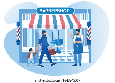 Barker Stand in front of New Barbershop Window Inviting Pedestrians Come in for Beauty Procedures and Services. Grooming Place, Victorian Decoration and Men Fashion, Cartoon Flat Vector Illustration