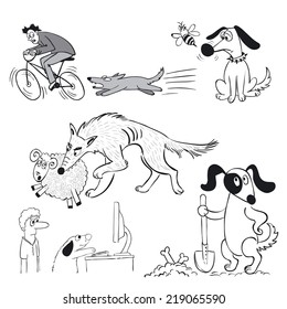 Barking dog. Dog bee stings. Wolf grabbed the sheep. Dog sitting on the internet. The dog buried the bone.