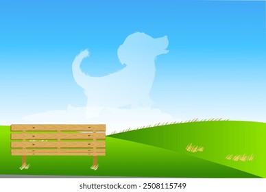 Barking puppy shaped cloud in the sky above the hills.  Vector illustration.