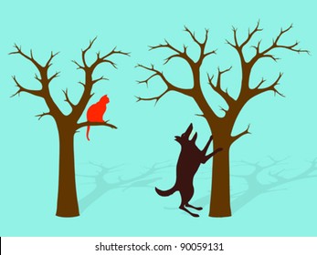 Barking Up The Wrong Tree, a dog standing on its hindlegs barking up the wrong tree while the cat shelters in another