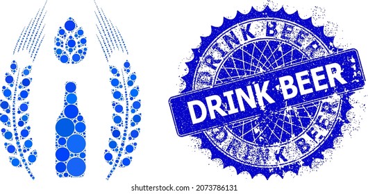 Barley beer logo vector mosaic of dots in variable sizes and blue color shades, and rubber Drink Beer badge. Blue round sharp rosette badge contains Drink Beer text inside.