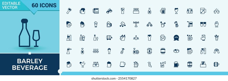 Barley Beverage icon collection. Containing color, bottle, bar, gin tonic, vector, shot, snacks, drinks. Collection for mobile and web apps. Editable vector outline and solid icons.