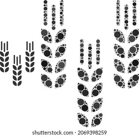 Barley crop vector mosaic of round dots in various sizes and color tinges. Round dots are grouped into barley crop vector mosaic. Abstract vector design concept.