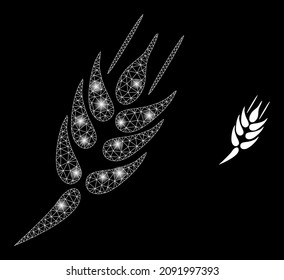 Barley ear icon and glare mesh barley ear model with glossy spots. Illuminated constellation done from barley ear vector icon and polygonal mesh. Glossy frame barley ear, on a black background.