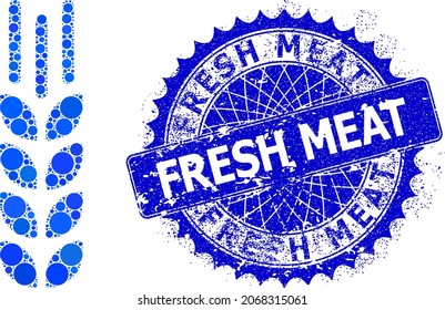 Composición vectorial del oído de cebada de pequeños círculos de diferentes tamaños y tonos azules, y sello de goma Fresco de la carne. El sello de rosette negro redondo azul incluye la leyenda de la carne fresca en el interior.