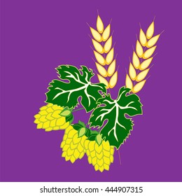 Barley ears and hop cones with leaves.