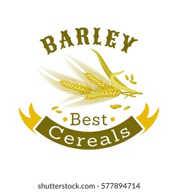 Barley grain cartoon badge. Ripe ear of cereal with ribbon banner and header. Agriculture symbol, organic farm and mill sign design