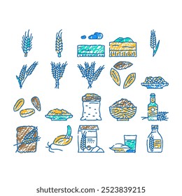 cevada grão trigo doodle ícones definir vetor. esboço linha arte centeio cereal, planta de orelha, semente de colheita, fazenda de alimentos, pão agrícola, colheita, aveia cevada grão trigo cor ilustrações