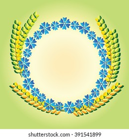 Barley Green Grain vector frame, green rue frame, wheat - abstract cereals with blue flowers wreath as retro border on green background. Grain crops illustration, harvest label, healthy food sign.
