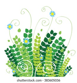 Barley Green Grain vector, green rue, wheat - abstract 	cereals with swirls decoration and blue wild flowers. Grain floral illustration, page decoration, healthy food or spring, summer sign.
