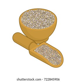 Barley grits in wooden bowl and spoon. Groats in wood dish and shovel. Grain on white background. Vector illustration