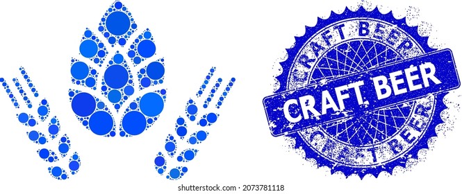 Barley and hop vector mosaic of round dots in variable sizes and blue color tones, and grunge Craft Beer seal. Blue round sharp rosette stamp seal has Craft Beer text inside.