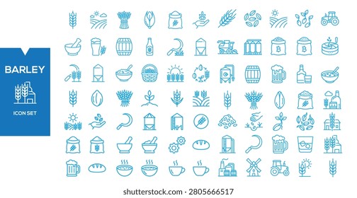 Barley Icon Set: A collection of blue line icons representing various aspects of barley farming and production, including fields, grains, harvesting, and products like bread and beer.