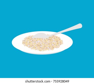 Barley Porridge in plate and spoon isolated. Healthy food for breakfast. Vector illustration
