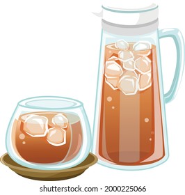 Barley tea and barley tea pot,Japanese summer traditional icon illustration[vector image]